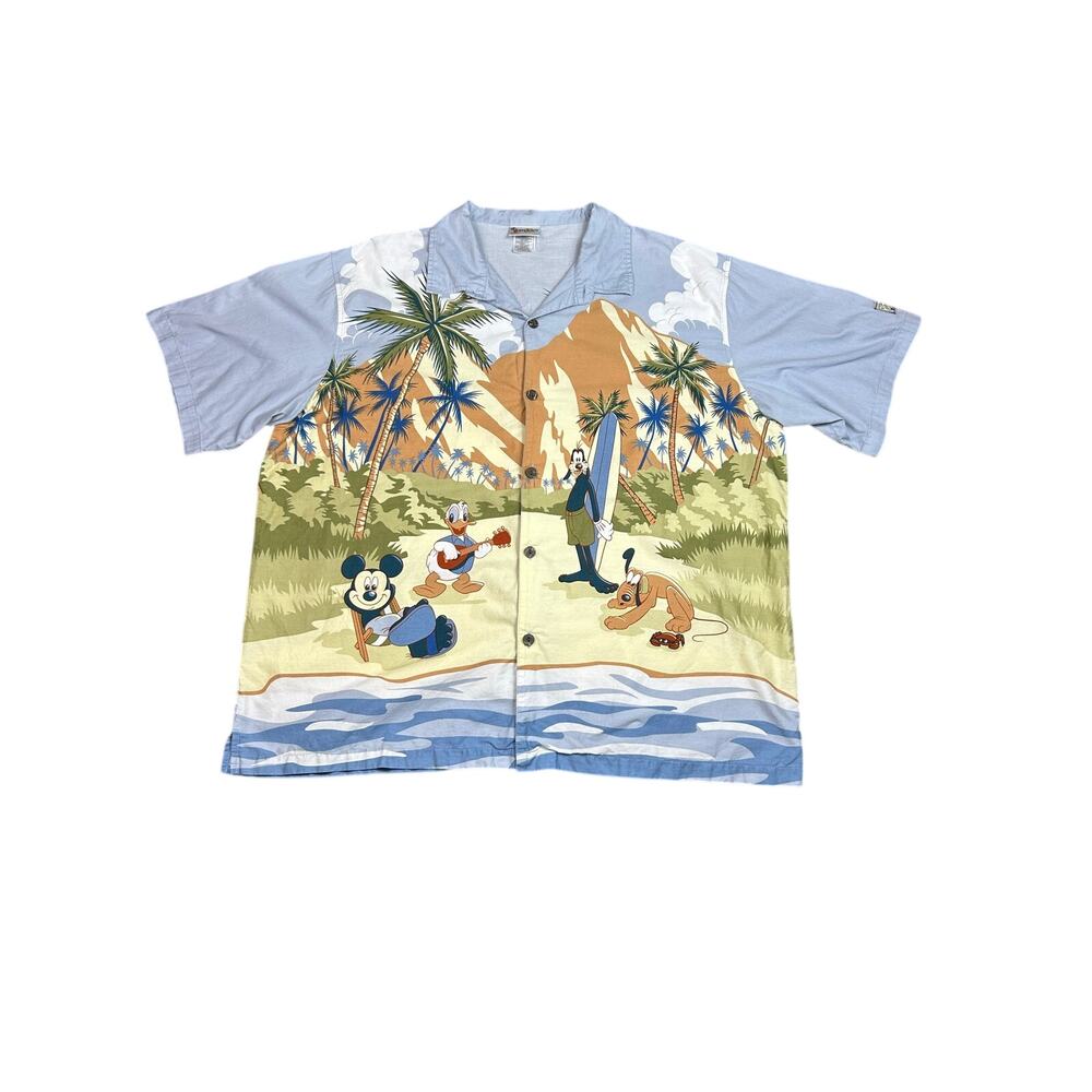 Vintage Walt Disney World Hawaiian Shirt Mens 2XL Blue AOP Donald Pluto Goofy